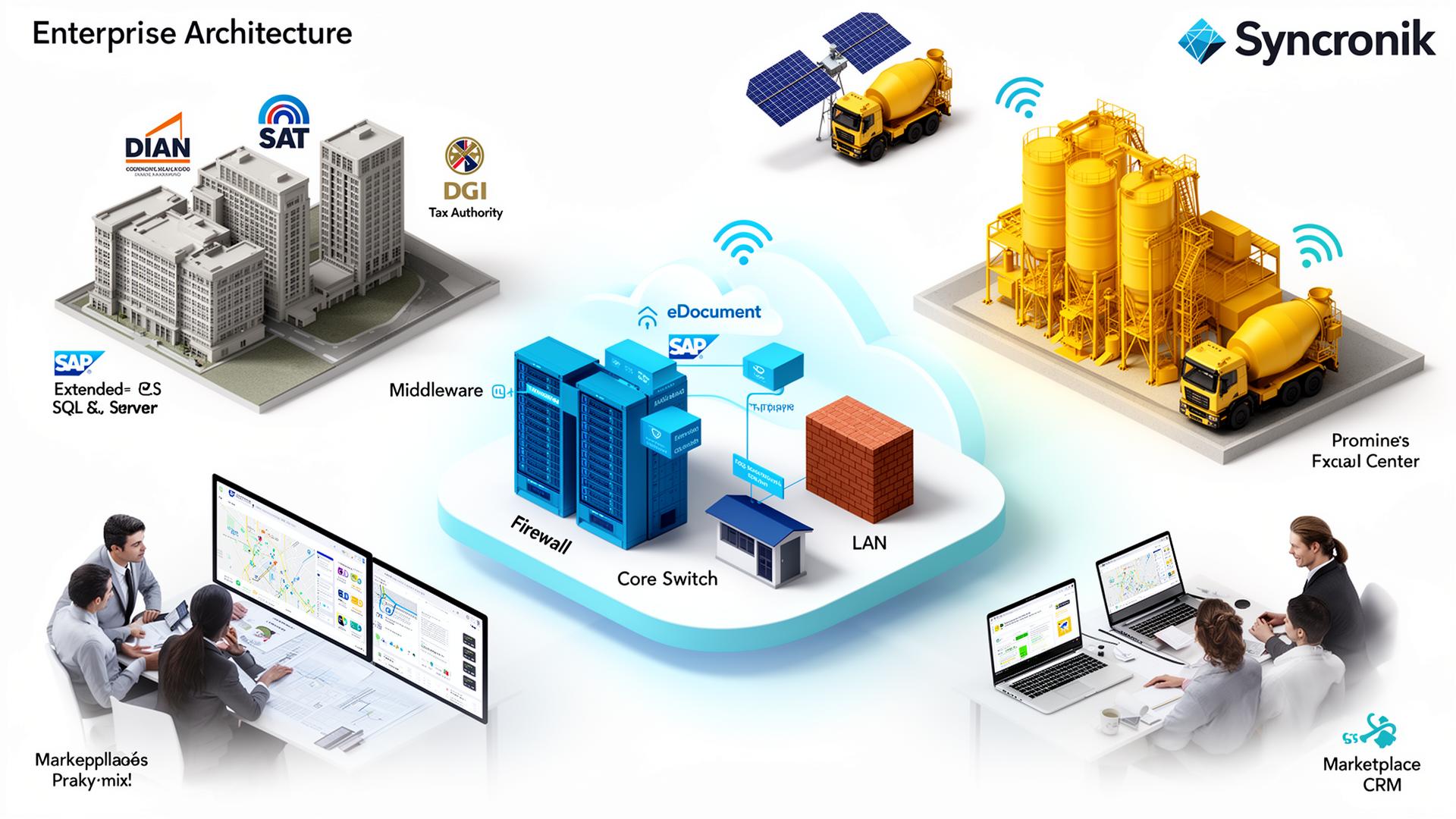 Arquitectura Syncronik: SAP, eDocument, Middleware, planta de concreto, SAT, DIAN, DGI